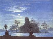 Karl friedrich schinkel The Garden of Sarastro by Moonlight with Sphinx,decor for Mozart-s opera Die Zauberflote oil on canvas